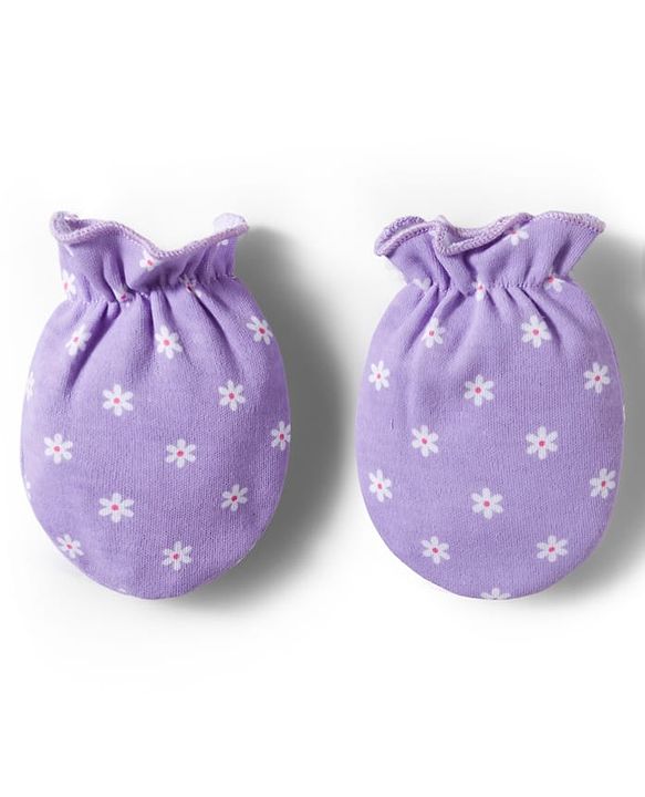 Babyhug 100% Cotton Knit Mittens & Booties Set with Floral Print - Purple
