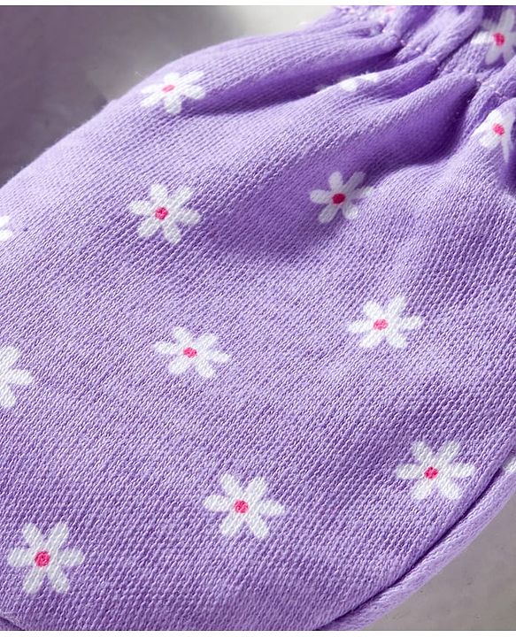 Babyhug 100% Cotton Knit Mittens & Booties Set with Floral Print - Purple