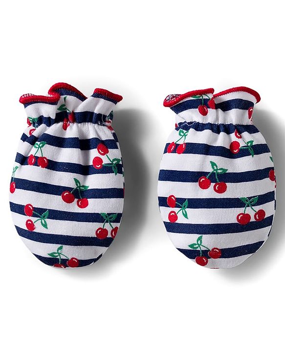 Babyhug 100% Cotton Cap Mittens & Booties Set With Cherry Print Red - Diameter 16 cm