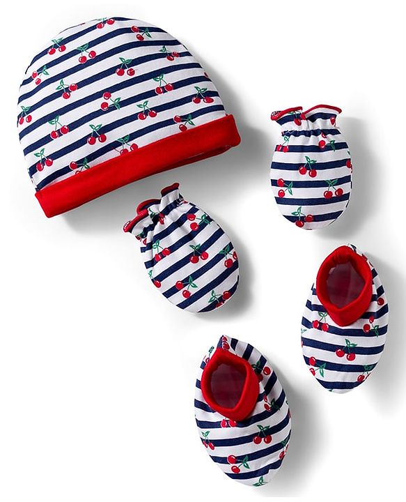 Babyhug 100% Cotton Cap Mittens & Booties Set With Cherry Print Red - Diameter 16 cm