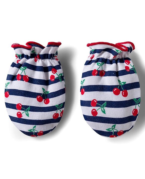 Babyhug 100% Cotton Cap Mittens & Booties Set With Cherry Print Red - Diameter 16 cm