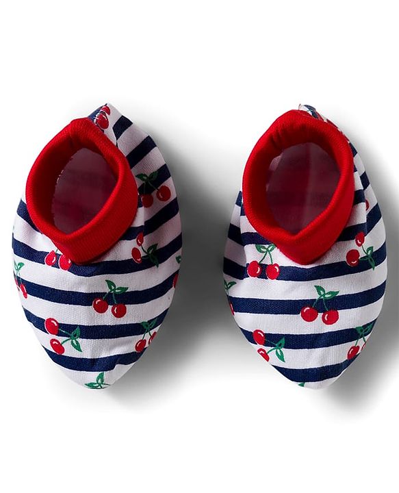 Babyhug 100% Cotton Cap Mittens & Booties Set With Cherry Print Red - Diameter 16 cm