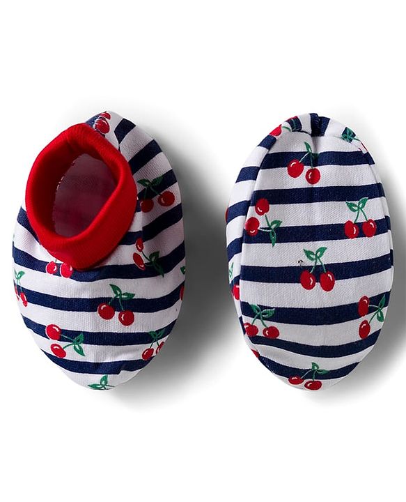 Babyhug 100% Cotton Cap Mittens & Booties Set With Cherry Print Red - Diameter 16 cm