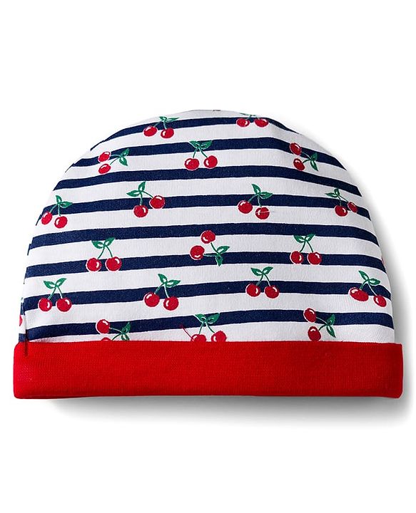 Babyhug 100% Cotton Cap Mittens & Booties Set With Cherry Print Red - Diameter 16 cm
