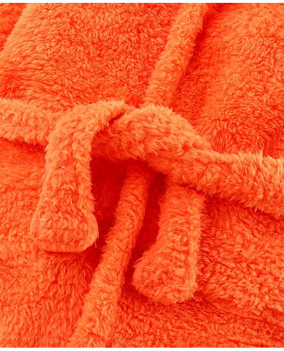 Babyhug Velour Knit Full Sleeves Hooded Bathrobe with Fox Applique & Embroidery - Orange