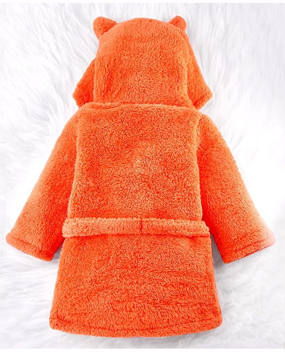 Babyhug Velour Knit Full Sleeves Hooded Bathrobe with Fox Applique & Embroidery - Orange
