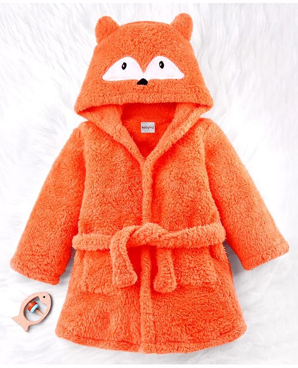 Babyhug Velour Knit Full Sleeves Hooded Bathrobe with Fox Applique & Embroidery - Orange