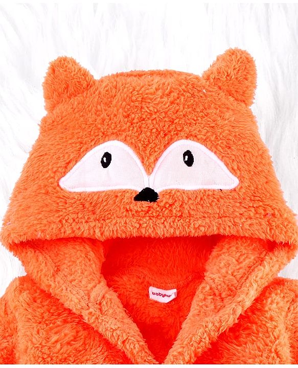 Babyhug Velour Knit Full Sleeves Hooded Bathrobe with Fox Applique & Embroidery - Orange