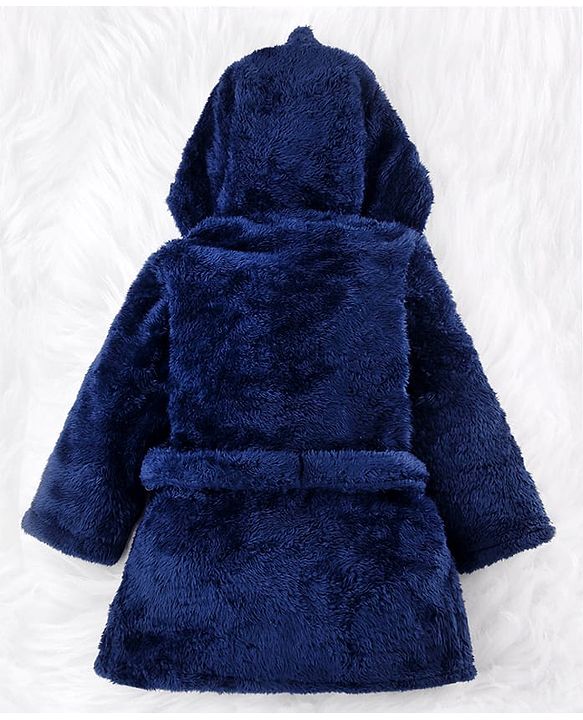 Babyhug Velour Knit Full Sleeves Hooded Bathrobe with Shark Applique & Embroidery - Navy Blue