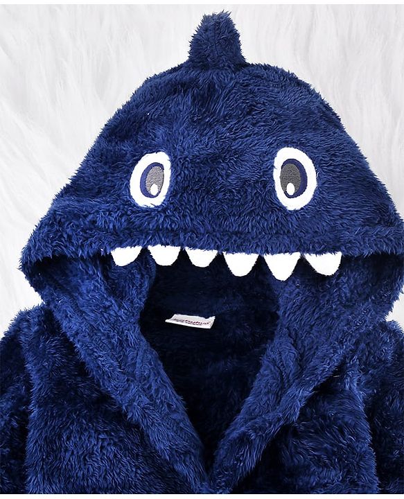 Babyhug Velour Knit Full Sleeves Hooded Bathrobe with Shark Applique & Embroidery - Navy Blue