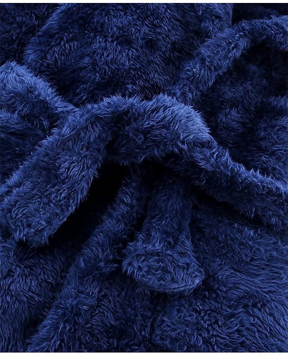 Babyhug Velour Knit Full Sleeves Hooded Bathrobe with Shark Applique & Embroidery - Navy Blue