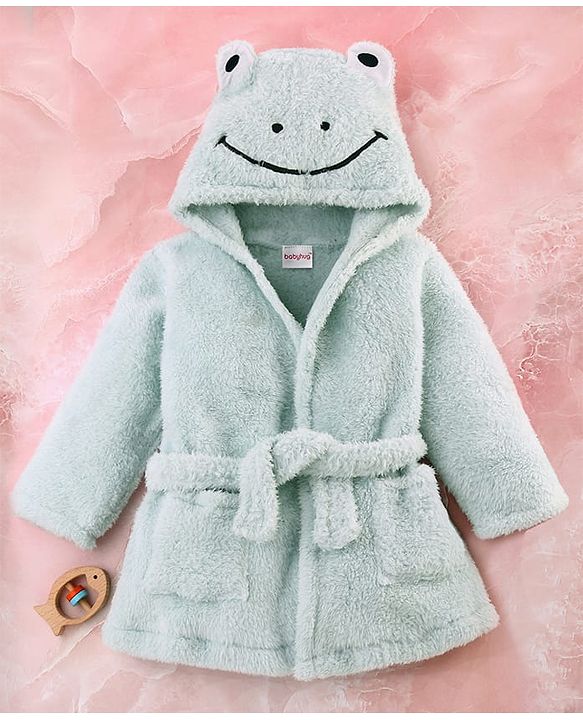 Babyhug Velour Knit Full Sleeves Hooded Bathrobe with Frog Applique & Embroidery - Light Blue