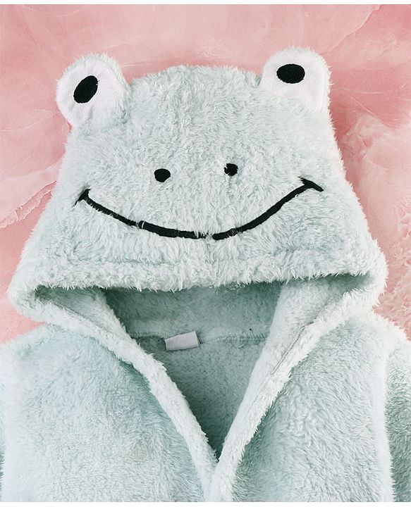 Babyhug Velour Knit Full Sleeves Hooded Bathrobe with Frog Applique & Embroidery - Light Blue