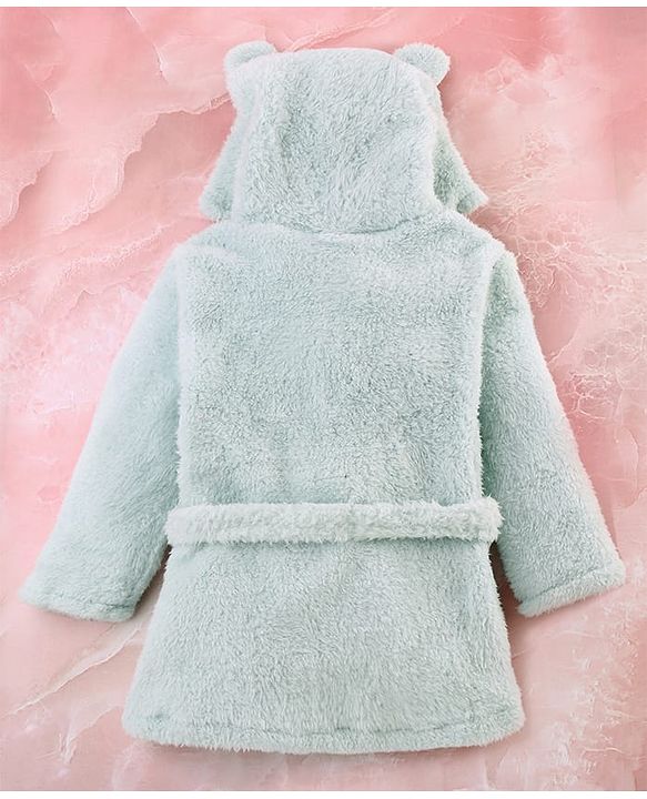 Babyhug Velour Knit Full Sleeves Hooded Bathrobe with Frog Applique & Embroidery - Light Blue