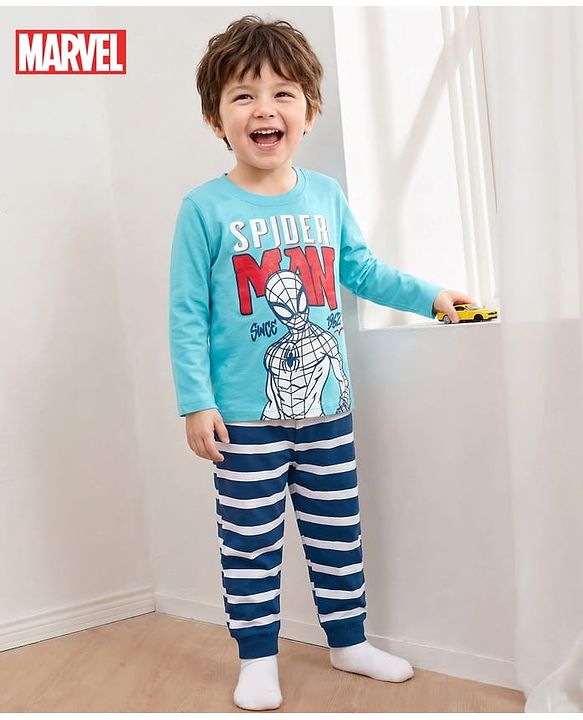 Babyhug Marvel Single Jersey Knit Full Sleeves Night Suit With Spider Man Graphics - Blue