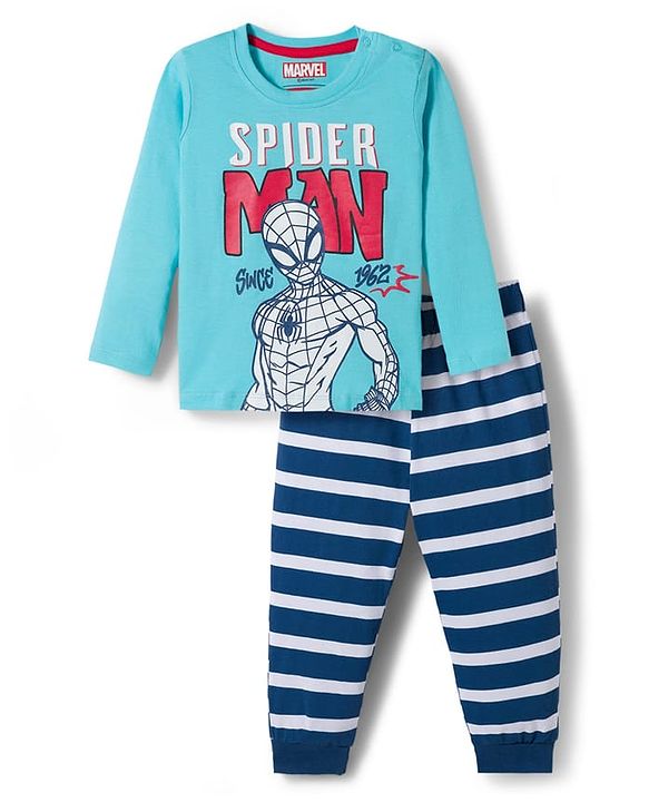 Babyhug Marvel Single Jersey Knit Full Sleeves Night Suit With Spider Man Graphics - Blue