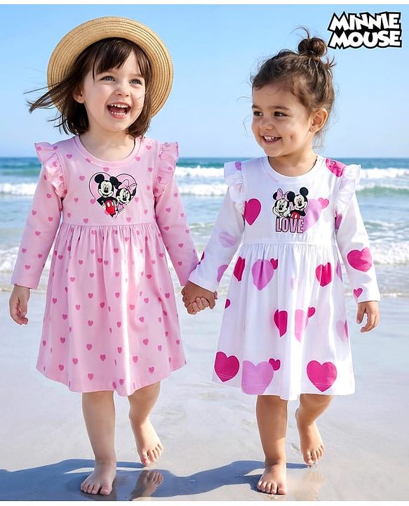 Babyhug Disney Single Jersey Knit Full Sleeves Dresses With Minnie Mouse Graphics Pack of 2 - Pink & White