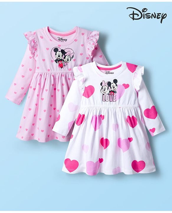Babyhug Disney Single Jersey Knit Full Sleeves Dresses With Minnie Mouse Graphics Pack of 2 - Pink & White