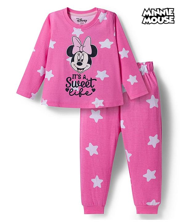 Babyhug Disney Single Jersey Knit Full Sleeves Night Suit With Minnie Mouse Graphics - Pink