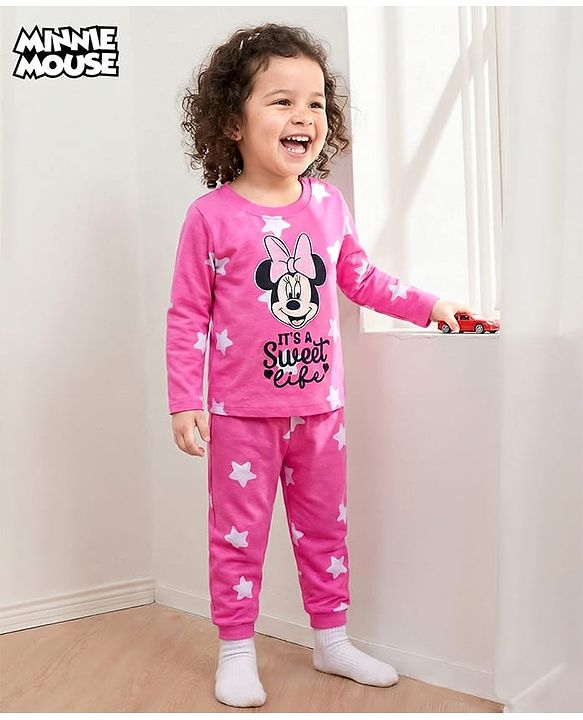 Babyhug Disney Single Jersey Knit Full Sleeves Night Suit With Minnie Mouse Graphics - Pink