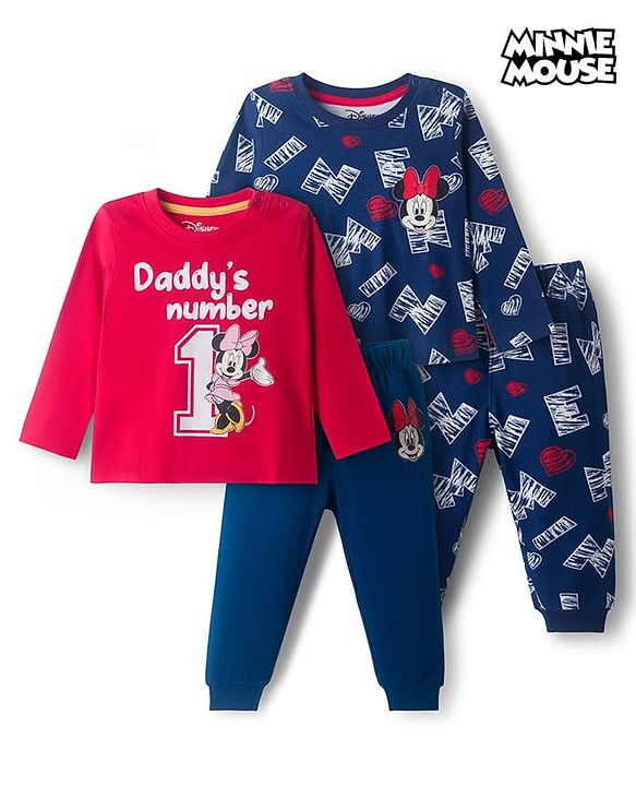 Babyhug Disney Single Jersey Knit Full Sleeves Night Suit With Minnie Mouse Graphics Pack Of 2 - Red & Navy Blue