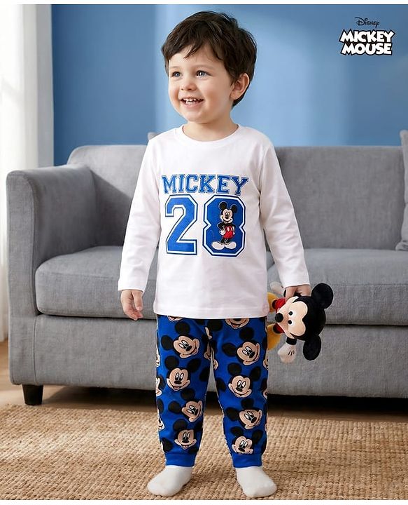 Babyhug Disney Single Jersey Knit Full Sleeves Night Suit With Mickey Mouse Graphics - White