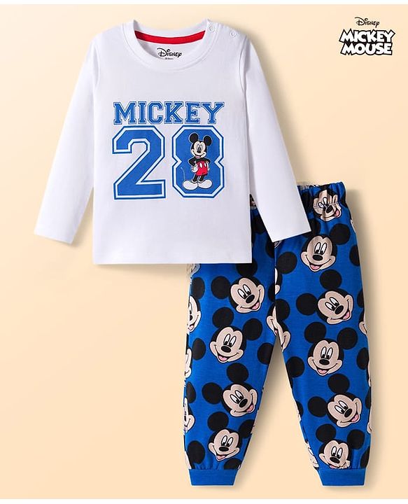Babyhug Disney Single Jersey Knit Full Sleeves Night Suit With Mickey Mouse Graphics - White