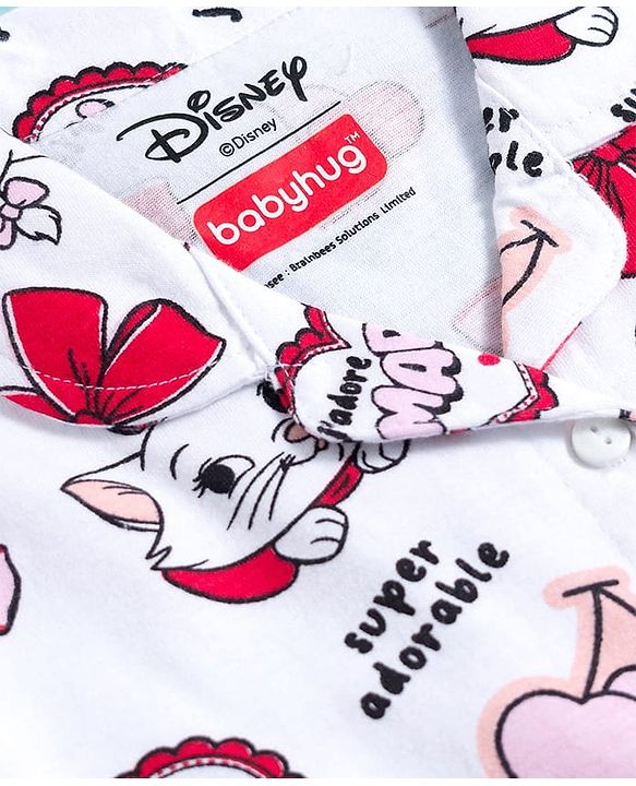 Babyhug Disney Single Jersey Knit Full Sleeves Co-ords Night Suit with Marie Print - White