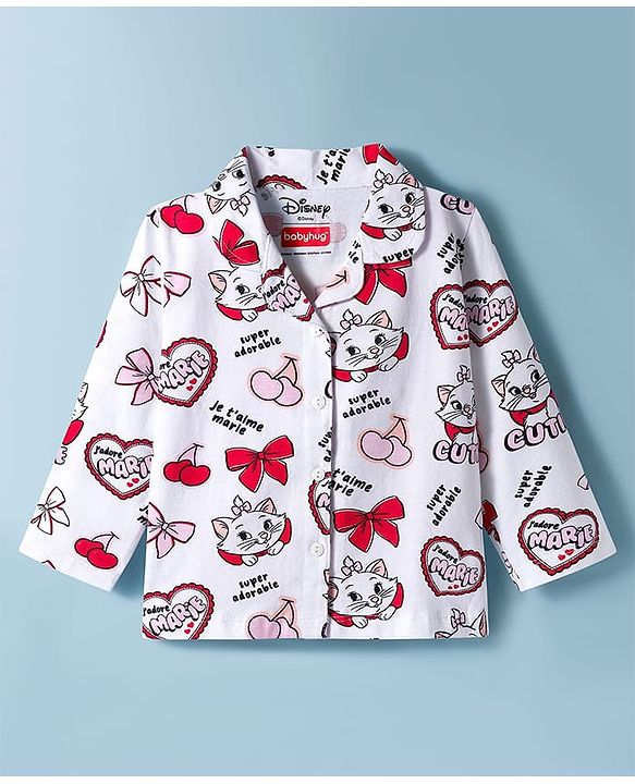 Babyhug Disney Single Jersey Knit Full Sleeves Co-ords Night Suit with Marie Print - White