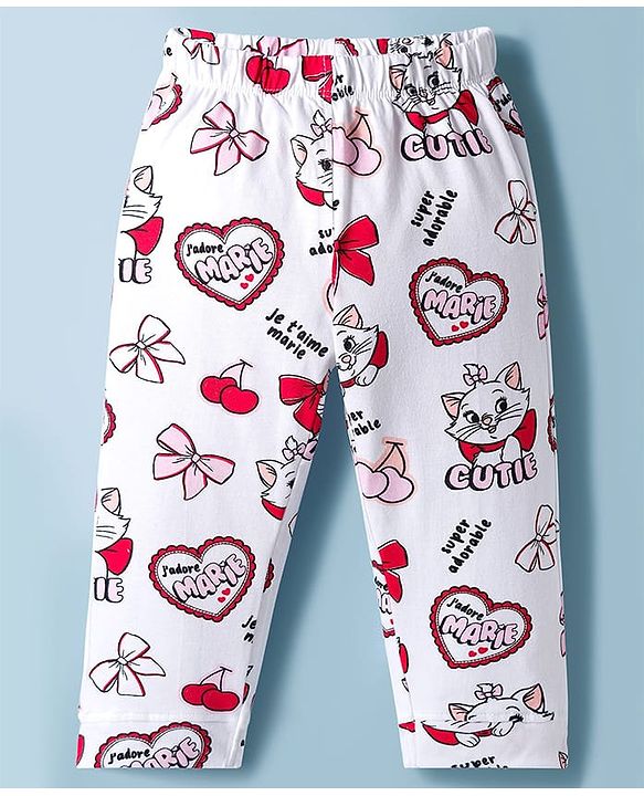 Babyhug Disney Single Jersey Knit Full Sleeves Co-ords Night Suit with Marie Print - White