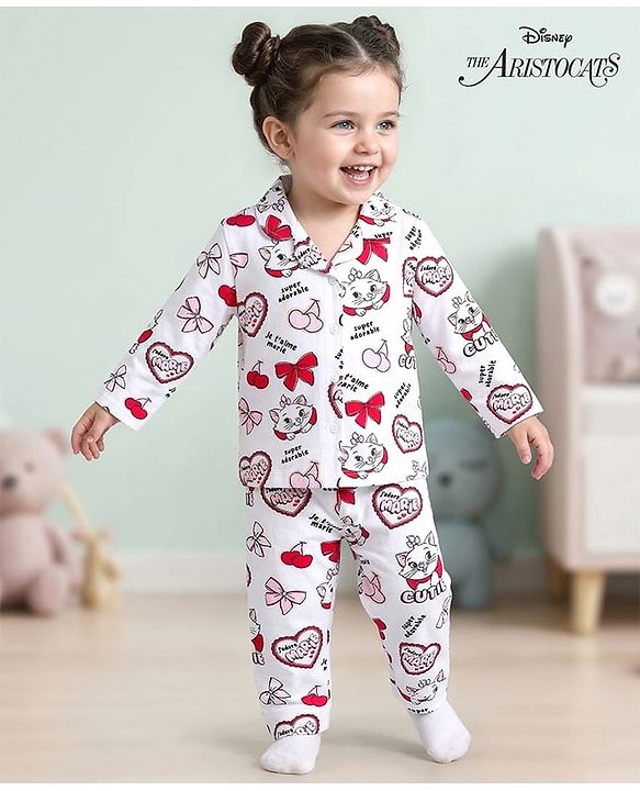 Babyhug Disney Single Jersey Knit Full Sleeves Co-ords Night Suit with Marie Print - White
