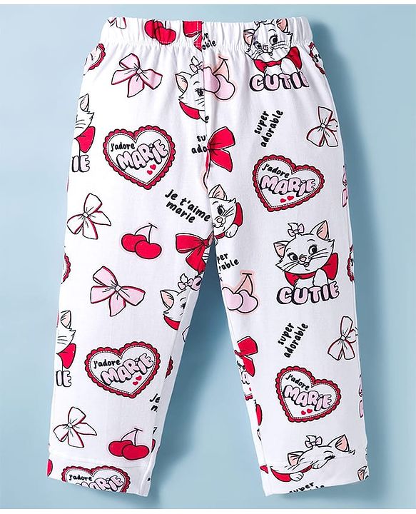 Babyhug Disney Single Jersey Knit Full Sleeves Co-ords Night Suit with Marie Print - White
