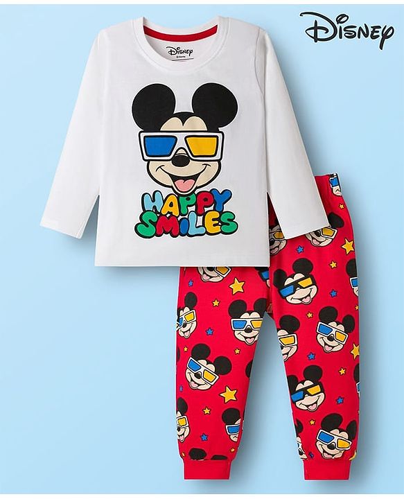 Babyhug Disney Single Jersey Knit Full Sleeves Night Suit With Mickey Mouse Print - White & Red