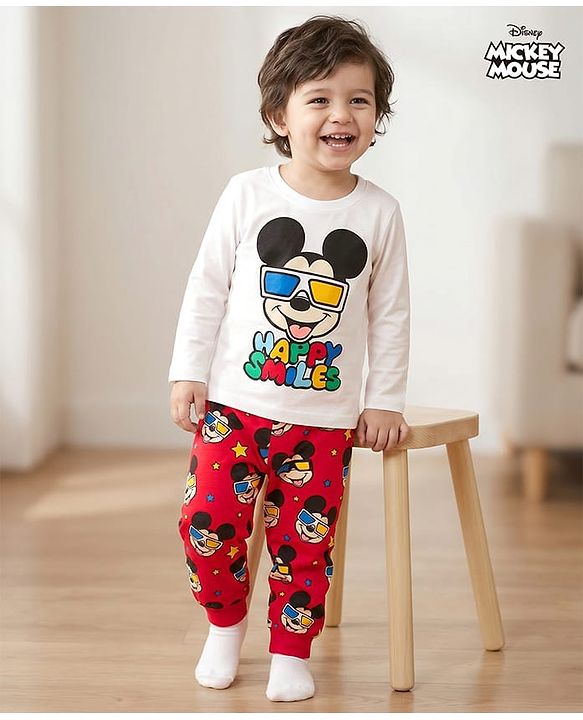 Babyhug Disney Single Jersey Knit Full Sleeves Night Suit With Mickey Mouse Print - White & Red