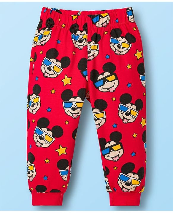 Babyhug Disney Single Jersey Knit Full Sleeves Night Suit With Mickey Mouse Print - White & Red
