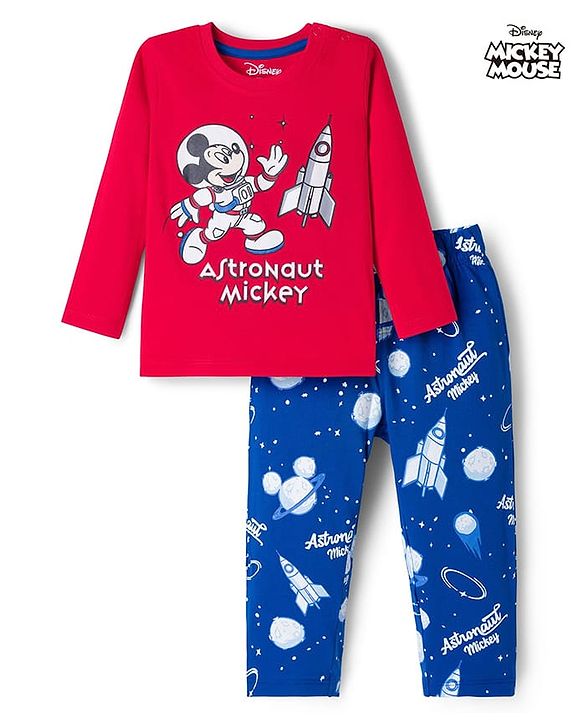 Babyhug Disney Single Jersey Knit Full Sleeves Night Suit With Mickey Mouse Graphics - Red & Navy Blue