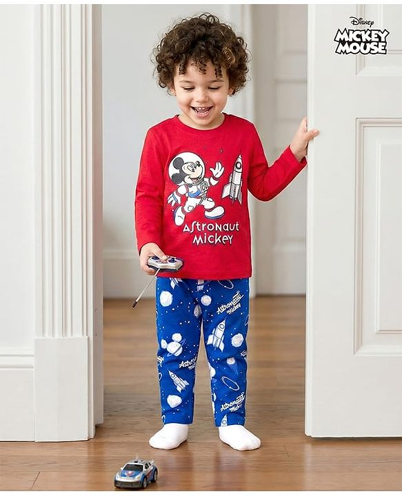 Babyhug Disney Single Jersey Knit Full Sleeves Night Suit With Mickey Mouse Graphics - Red & Navy Blue