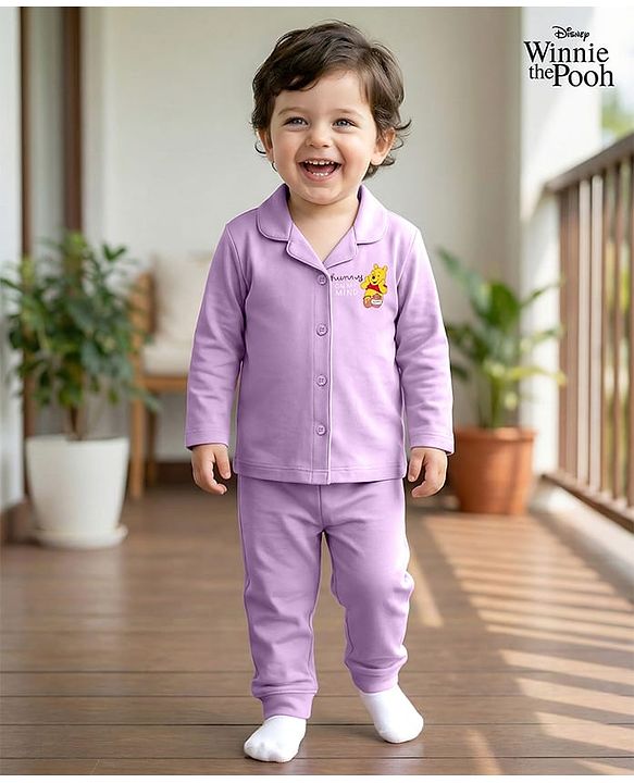 Babyhug Disney Single Jersey Knit Full Sleeves Night Suit With Winnie The Pooh Graphics - Lavender