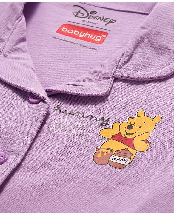 Babyhug Disney Single Jersey Knit Full Sleeves Night Suit With Winnie The Pooh Graphics - Lavender