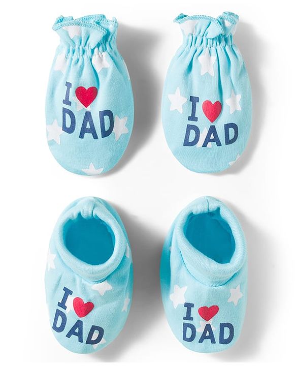 Babyhug 100% Cotton Interlock Knit Mittens & Booties Set With Text Print - Light Blue