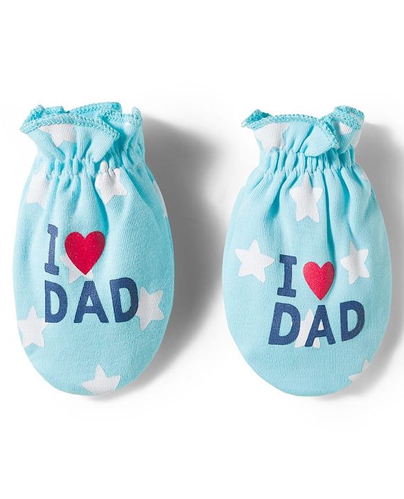 Babyhug 100% Cotton Interlock Knit Mittens & Booties Set With Text Print - Light Blue