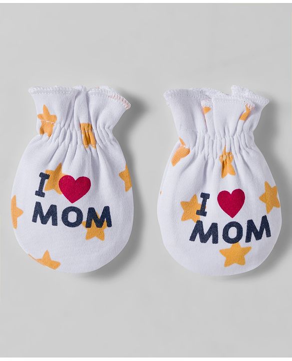 Babyhug 100% Cotton Interlock Knit Mittens & Booties Set With Text Print - White