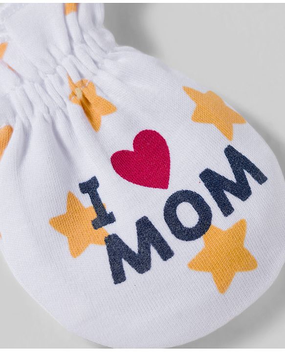 Babyhug 100% Cotton Interlock Knit Mittens & Booties Set With Text Print - White