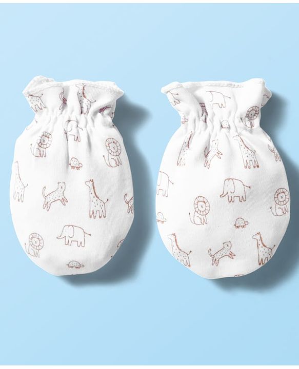 Babyhug 100% Cotton Knit  Mittens & Booties Set with Animal Print - White