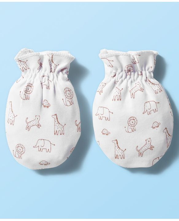 Babyhug 100% Cotton Knit  Mittens & Booties Set with Animal Print - White