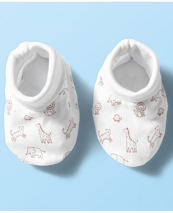 Babyhug 100% Cotton Knit  Mittens & Booties Set with Animal Print - White