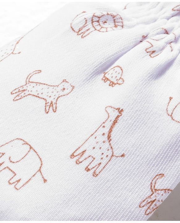 Babyhug 100% Cotton Knit  Mittens & Booties Set with Animal Print - White