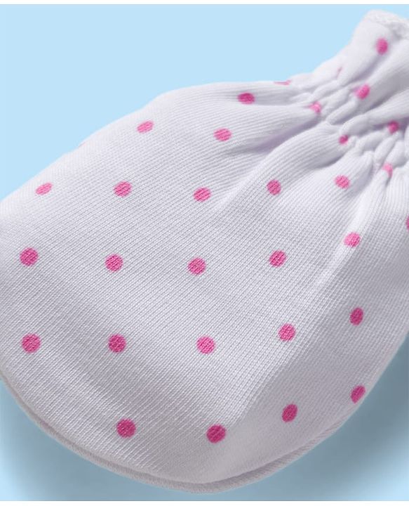 Babyhug 100% Cotton Knit Mittens & Booties Set with Polka Dot Print - White