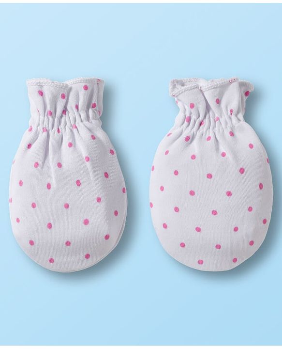 Babyhug 100% Cotton Knit Mittens & Booties Set with Polka Dot Print - White