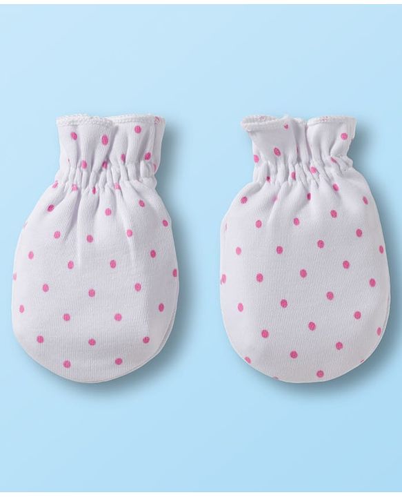 Babyhug 100% Cotton Knit Mittens & Booties Set with Polka Dot Print - White